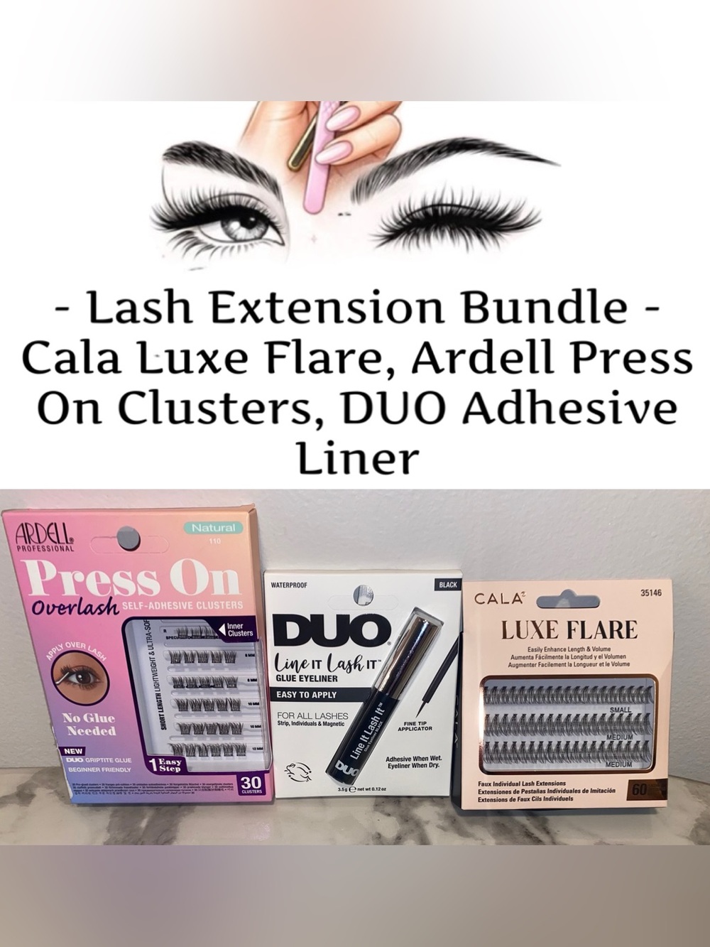 Lash Extension Bundle: Cala Luxe Flare, Ardell Press On Clusters, DUO Adhesive